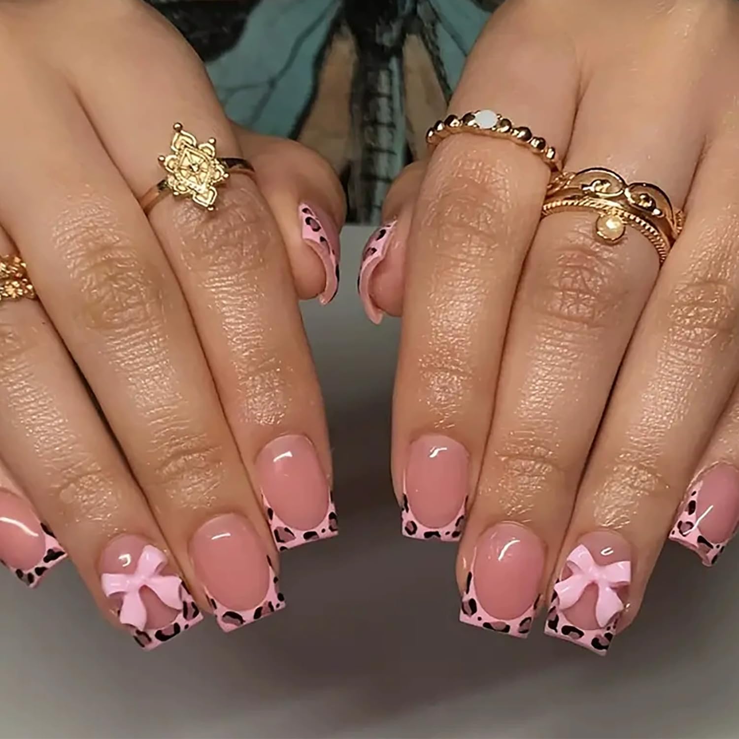 Leopard French Tip Press on Nails Short Square- 24Pcs Pink Bow Fake Nails with Designs Glossy Nude Full Cover Acrylic Nails Reusable Glue on Nails Bow