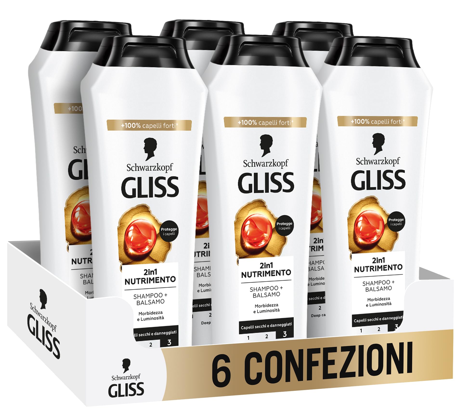Schwarzkopf Gliss Nutrimento 2in1 Shampoo + Balsamo, 6 confezioni da 250ml