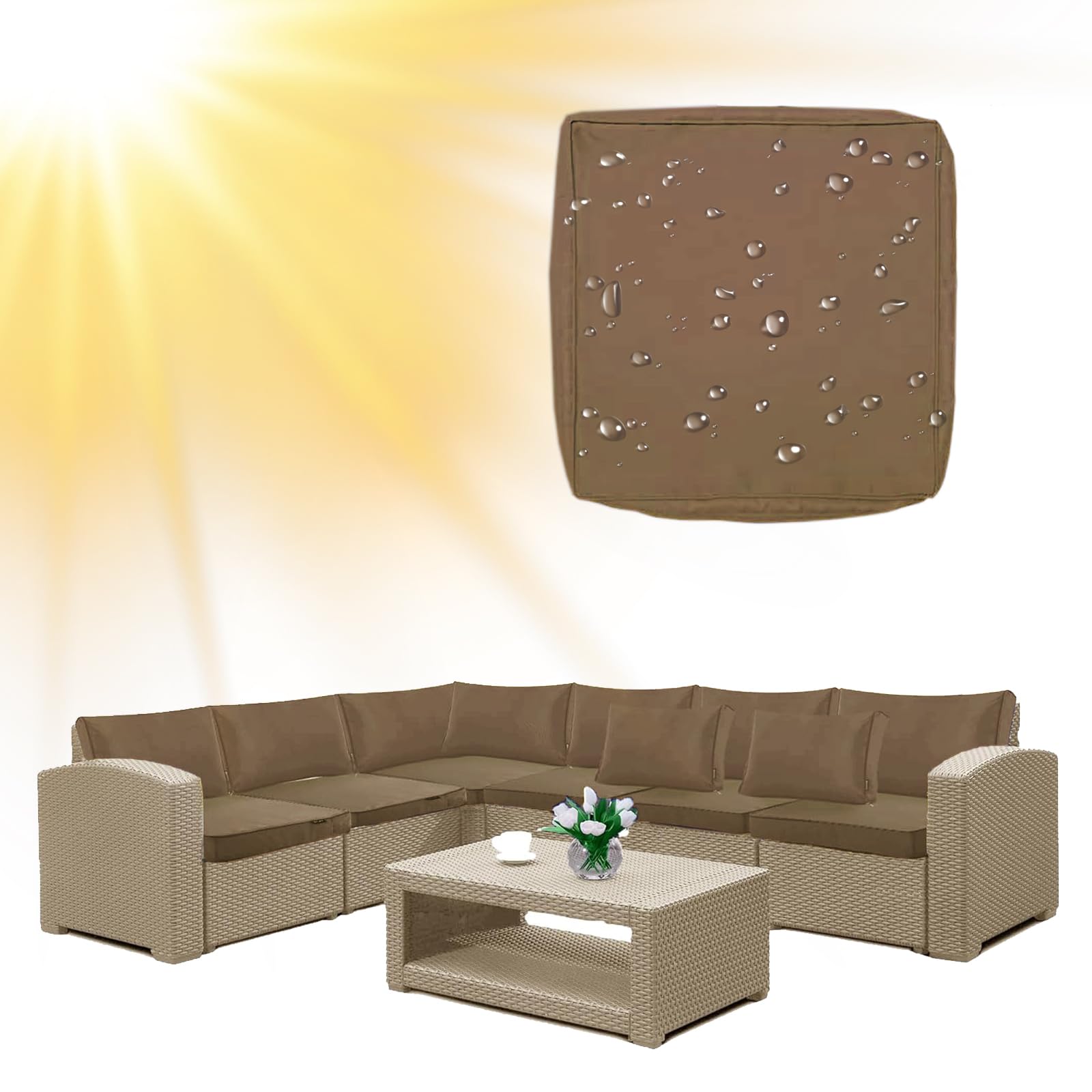 SYLC Water Repellent Patio Cushion Covers UV Resistant Garden Rattan Cushion Covers with Zipper Outdoor Couch Cushion Slipcovers for L Shape/Corner (1 pc 55×50×10 cm,Camel)
