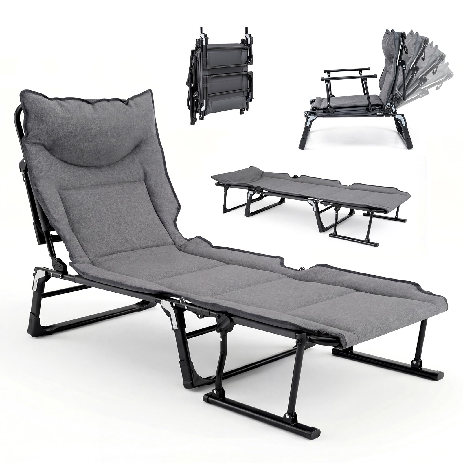 SPOTRAVEL Folding Camping Bed for Adults, Heavy Duty Camp Cot with 6-Position Adjustable Backrest, Headrest and Armrest, Portable Lounge Sleeping Cot for Beach, Travel, Office (180 x 66.5 x 38cm)