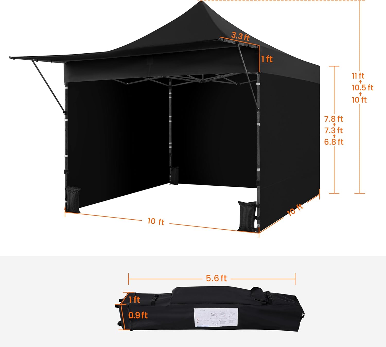 Yaheetech 10x10 Pop up Commercial Canopy Tent with 3 Removable Sidewalls & Awning, Portable Freestanding Shelter, Outdoor Heavy Duty Party Canopies W/Roller Bag, 4 Sandbags, Stakes & Ropes, Black
