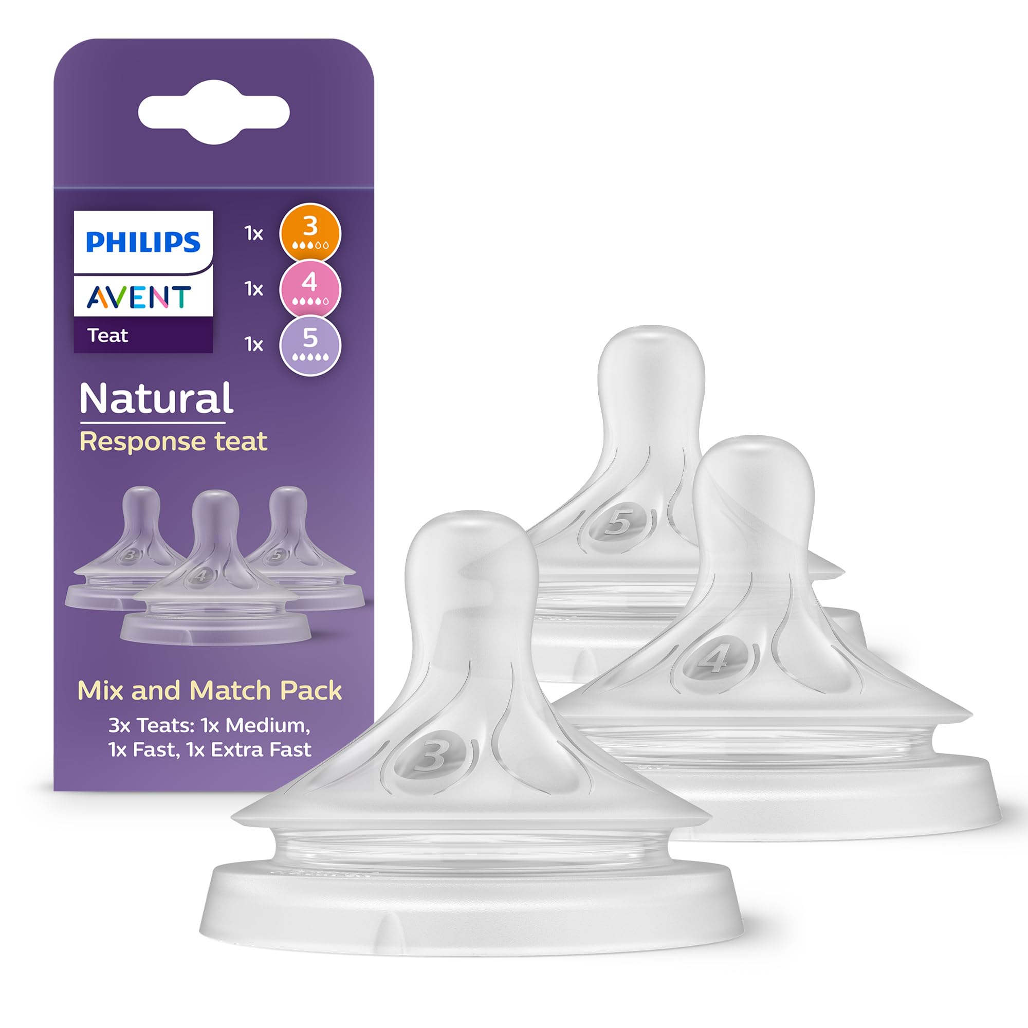 Philips Avent Natural Response Mix & Match Teat Pack, 3 Natural Response Teats with Different Flow Rates, Medium (Flow 3)
