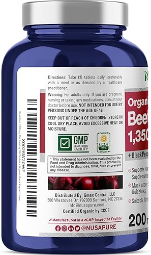 Miniatura 3 de NusaPure Raíz de remolacha 1,350 mg 200 comprimidos orgánicos (vegetariano, USDA, sin OMG y sin gluten) Pimienta negra