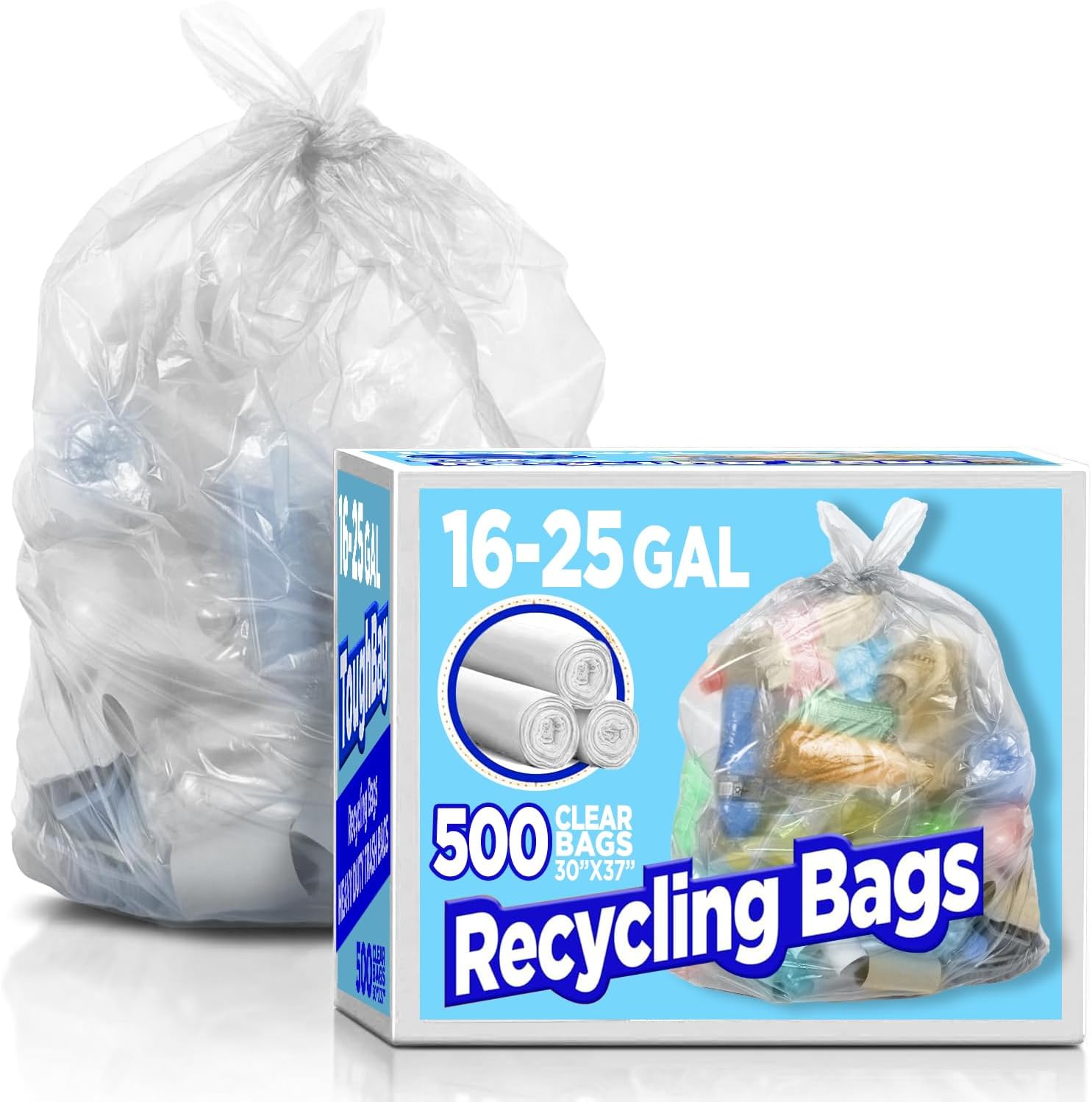 ToughBag 16-25 Gallon Clear Trash Bags, 30’ x 37’ - 10 Microns Thick (500 Count) - 16 Gallon Trash Bags, Commercial Trash Bags & Liners - Made in USA