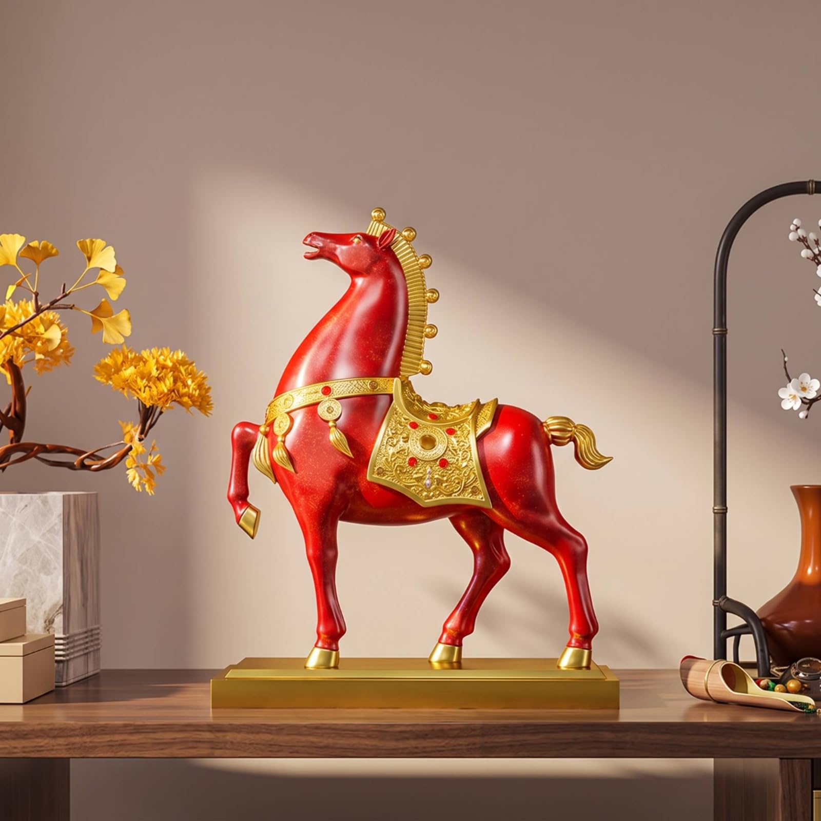 harayaa Figura de Caballo Decorativa Estatua Ornamental Escultura de Mesa Adorno Coleccionable con Peana Rectangular y Incrustaciones en Resina Sintética y, Rojo