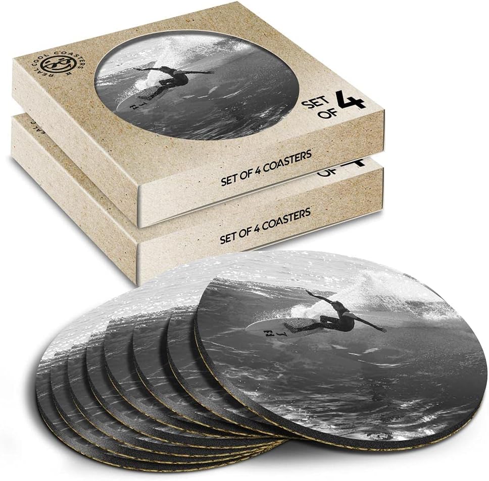 8 x Eco Boxed Cork Coasters - BW - Surfer Dude Wave Surf Drink Cup Mug Glass Table Mat #38405