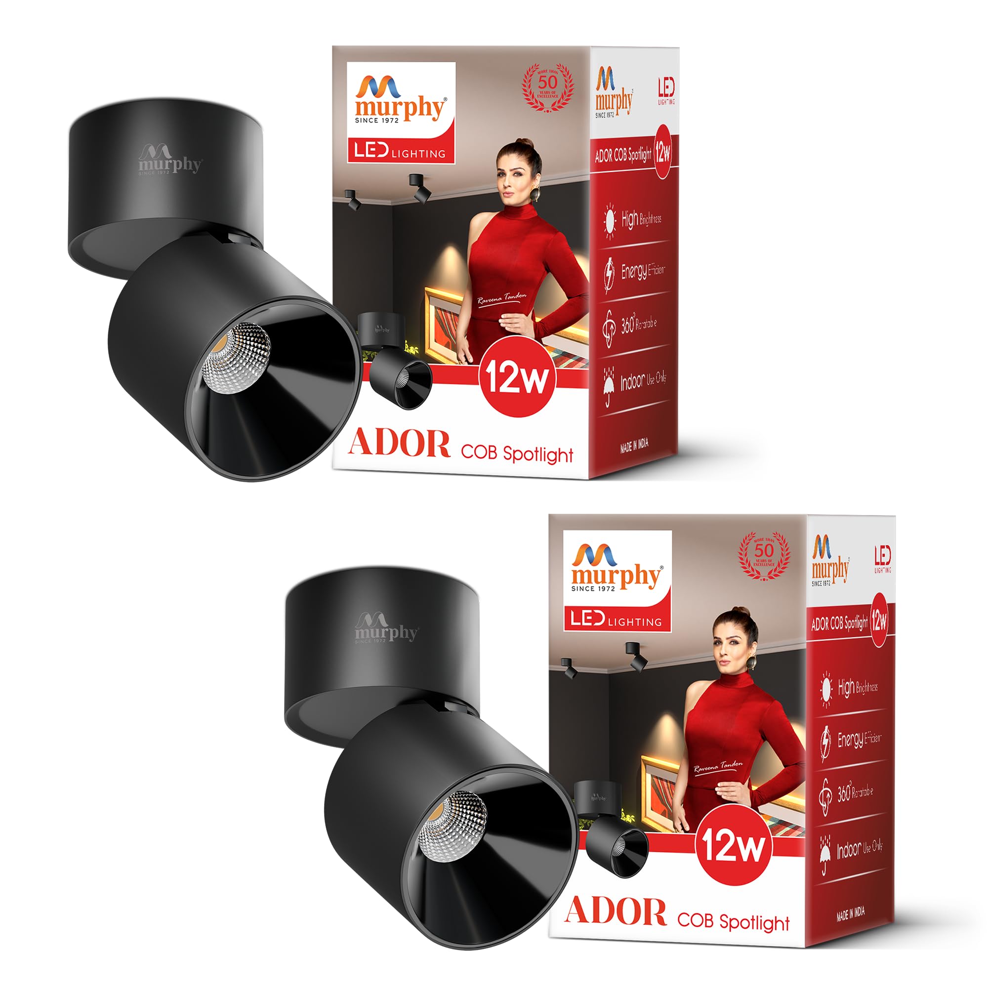 Murphy Aluminium 12W Black Body Reflective Black Finish 360 Degree Adjustable LED Surface COB Light - Wall/Ceiling Mountable : Warm White, Pack of 2