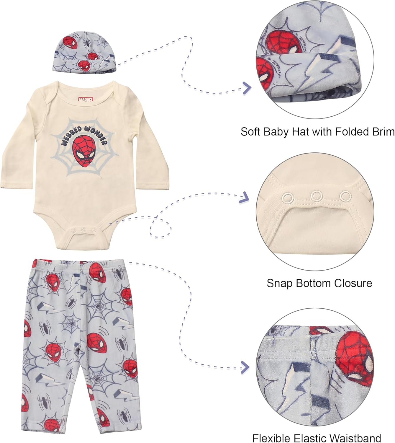 Magic Threadz Disney Clothes Baby Boys Bodysuit, Pants & Hat 3-Piece Outfit – Mickey, Pooh, Stitch, Cars, & Spiderman (0–9M)