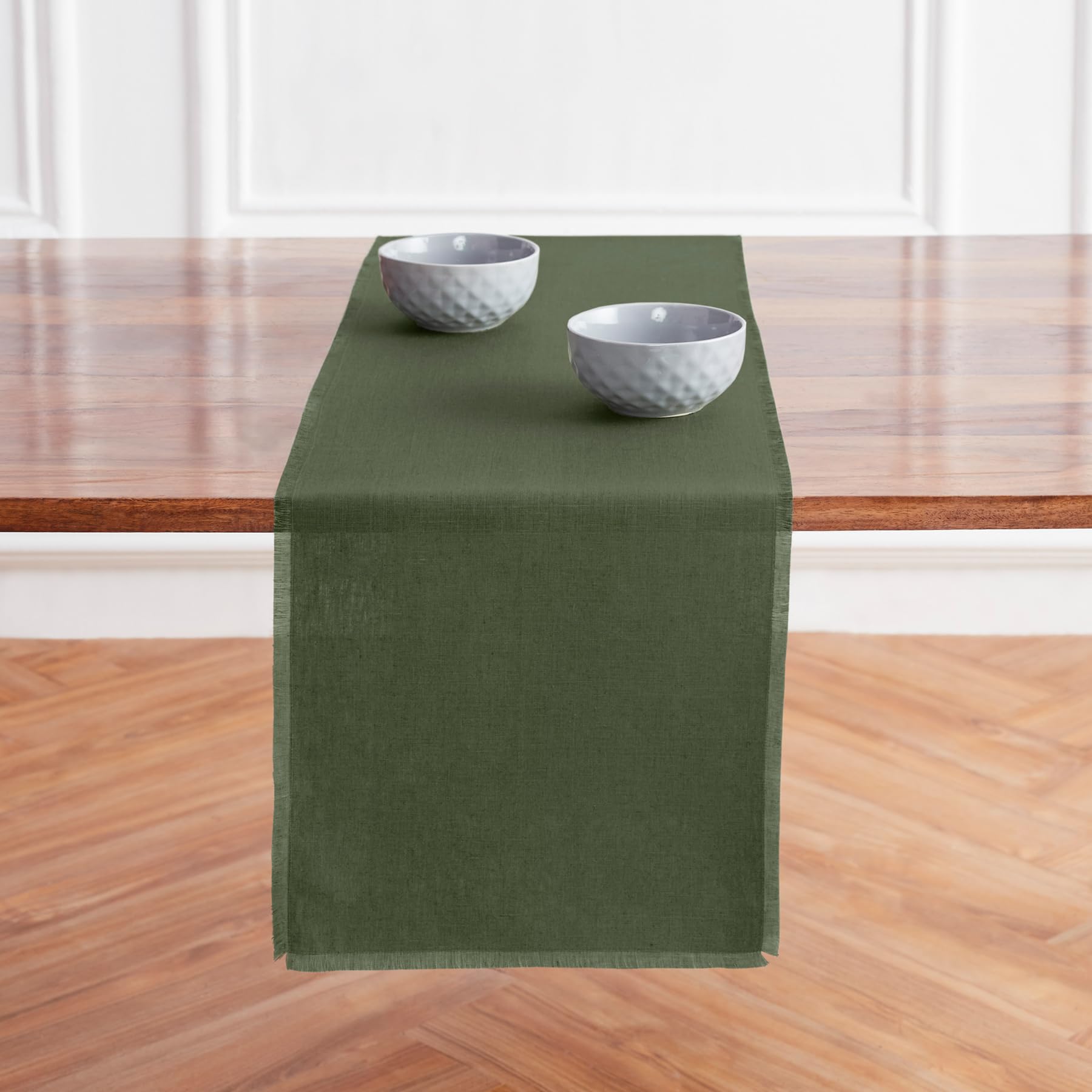 Solino Home Desert Green Linen Table Runner 72 inches Long â€“ 100% Pure Linen Fringe Table Runner 14 x 72 Inch â€“ Dresser Scarf Farmhouse Dining Table Runner for Christmas, Winter, Holiday