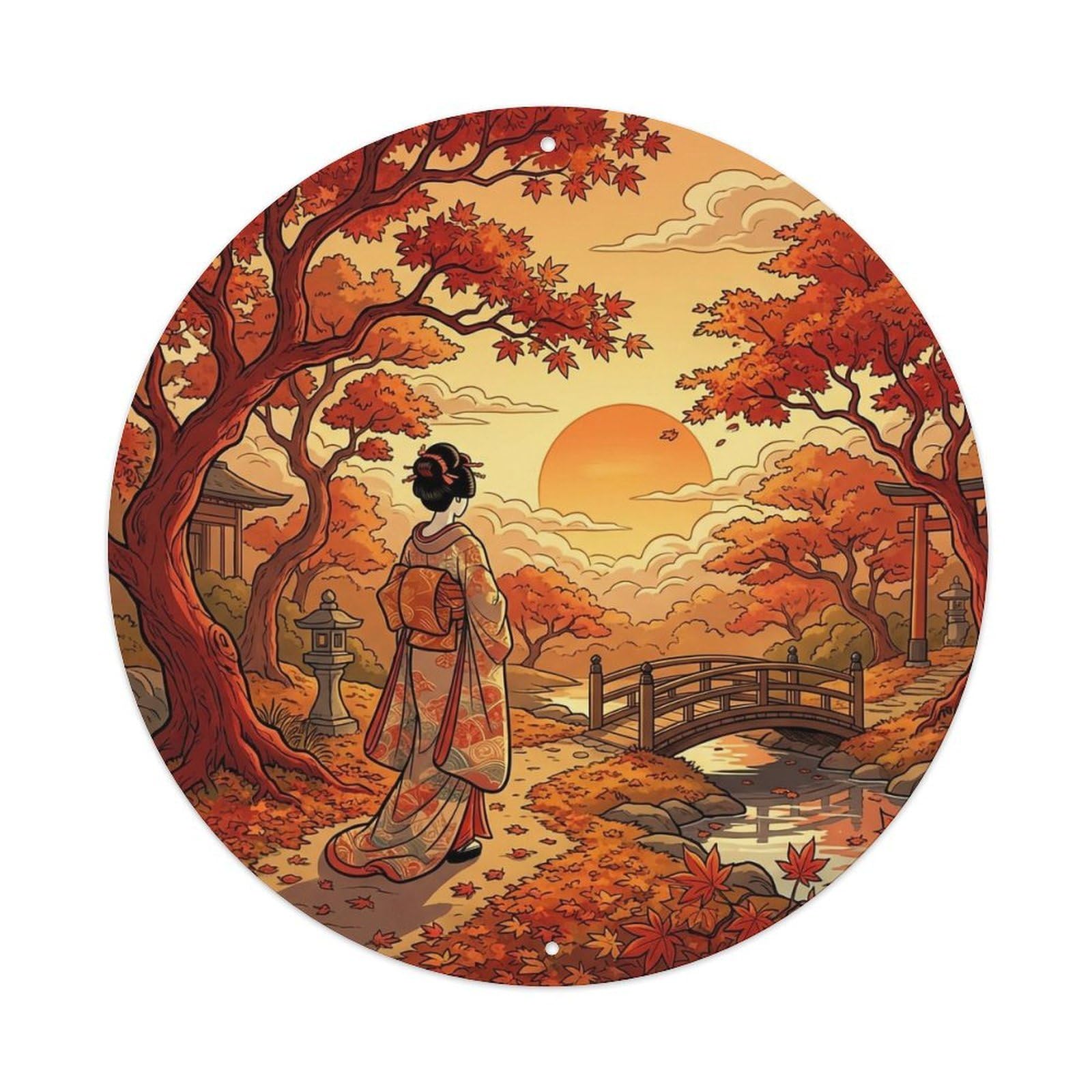 Japanese Evening Maple Geisha Sunset Glow Metal Tin Sign