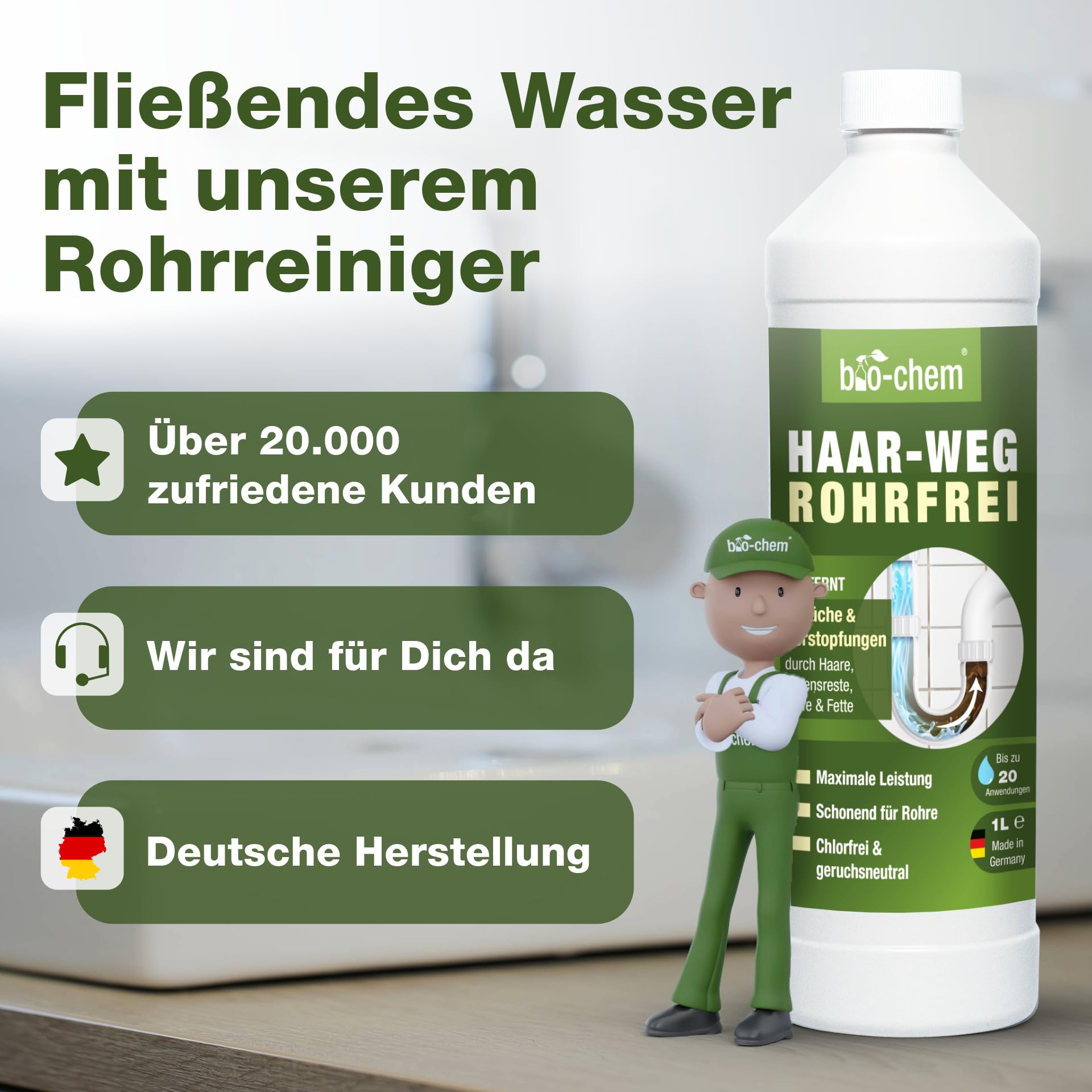 bio-chem Haar-Weg Abflussreiniger extra stark 20L | Rohrreiniger gegen Verstopfungen und Haare | bis zu 20 Anwendungen je Liter | gegen Verstopfungen & Haare