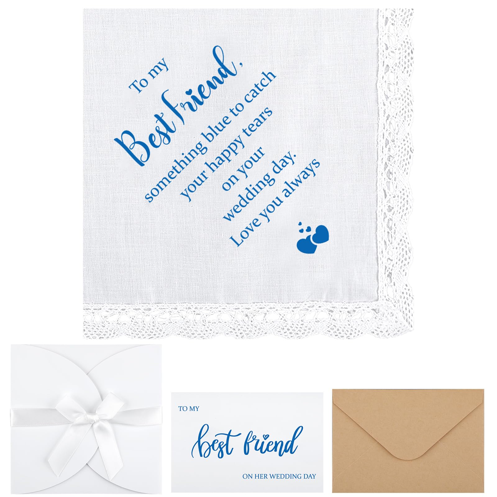 MindsoftSet of 4 Something Blue Gift for Bride Include Embroidered Handkerchief, Wedding Day Card 2 Pcs Envelopes from Best Friend Mother of the Bride Happy Tears Handkerchief for Women Bridal
