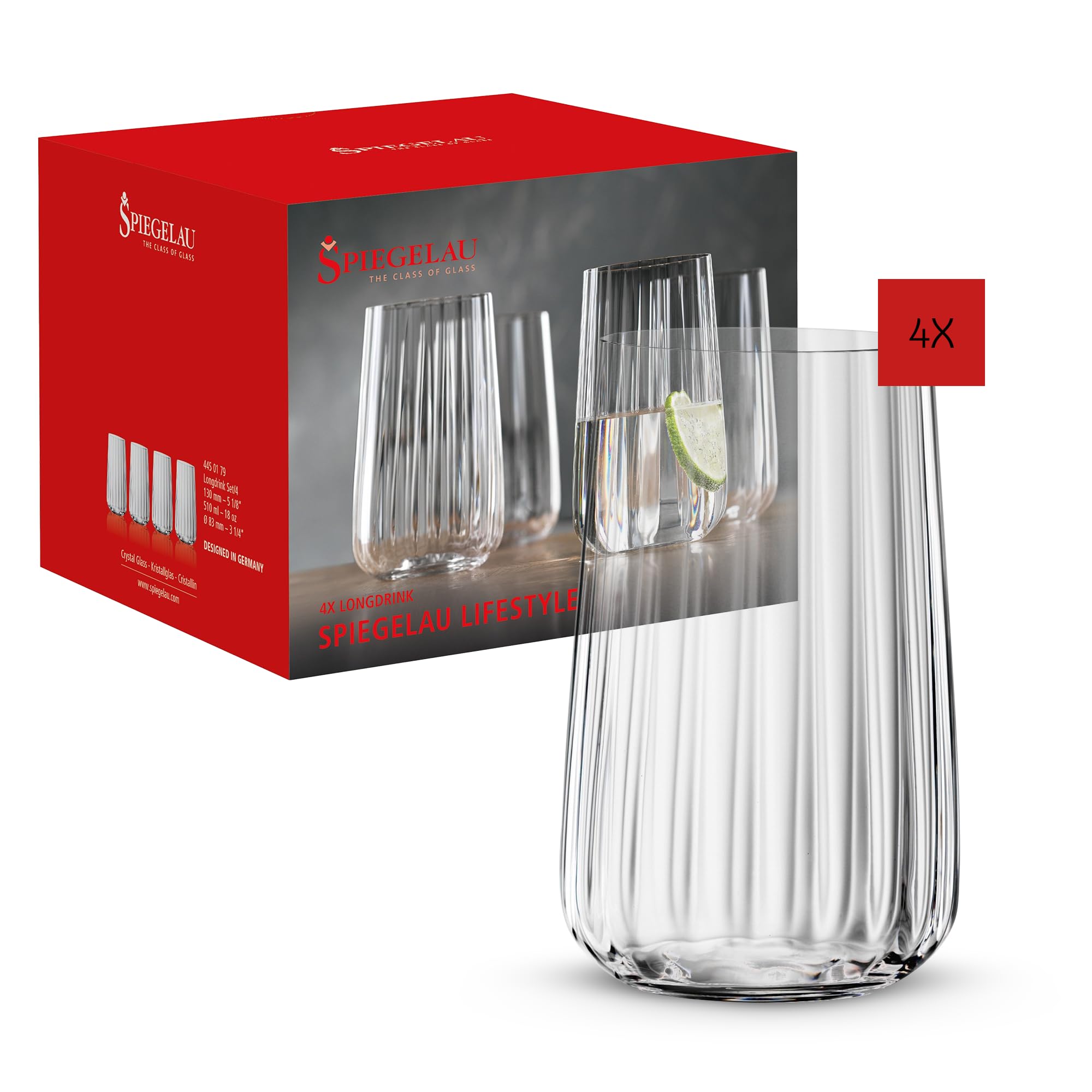 Spiegelau Lifestyle Longdrink Tumblers, Set of 4, European-Made Lead-Free Crystal, Modern Highball Glasses, Dishwasher Safe, Professional Quality Cocktail Glass Gift Set, 17 oz