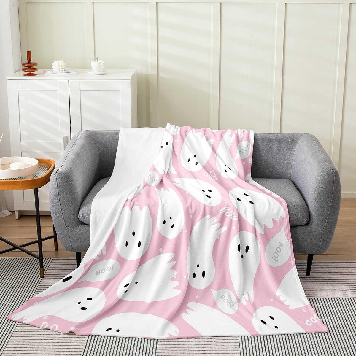 Jejeloiu Pink Halloween Ghost Fuzzy Blanket Twin 60
