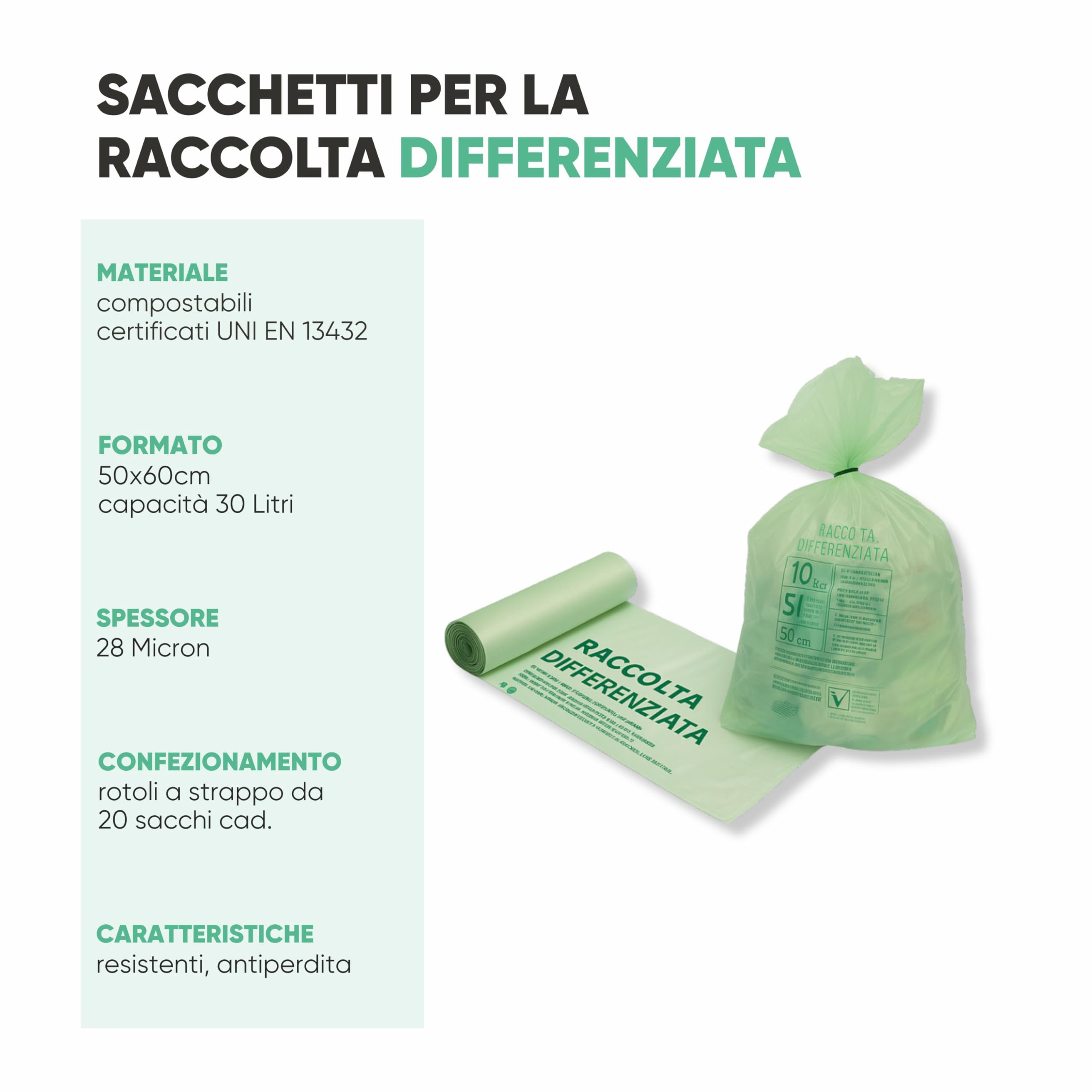 500 Sacchi Raccolta Umido e Organico Biodegradabili e compostabili Grammatura Media - Uso Domestico, Ufficio e Attività Commerciali - 50x60