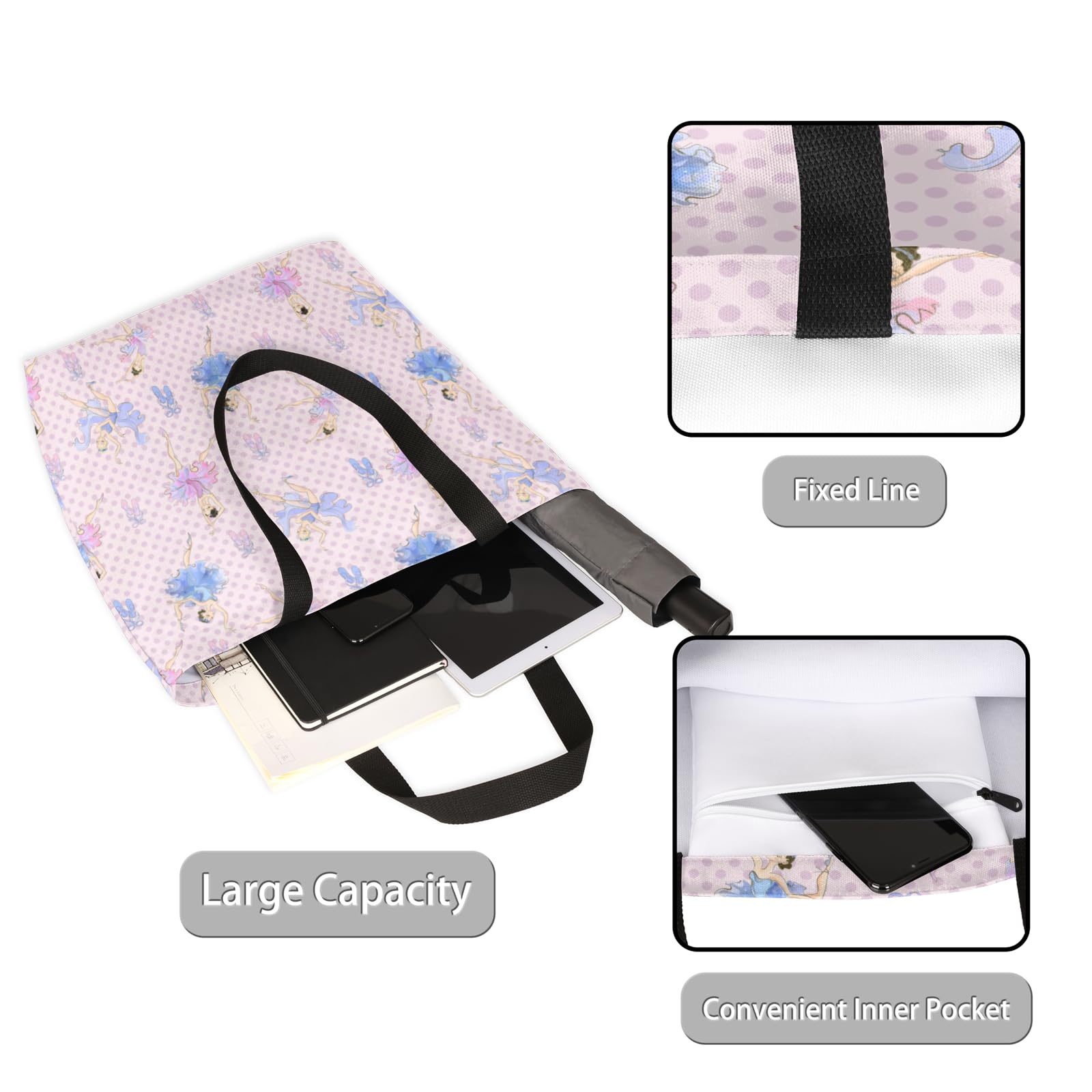 Mularoka Polka Dot Ballet Large Capacity Canvas Tote Bag Stylish Handheld Shoulder Bag Reusable Shopping Bag for Work Travel Beach Trips Shopping