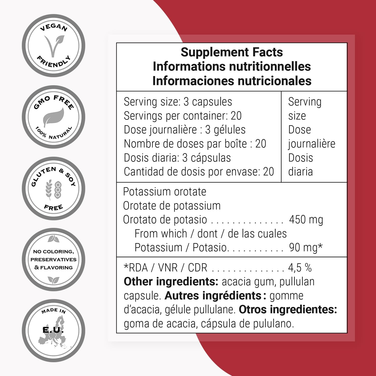 SuperSmart Potassium Orotate Supplement 450mg per Day (Enhanced Absorption) - Potassium with Orotic Acid | Non-GMO & Gluten Free - 60 Vegetarian Capsules