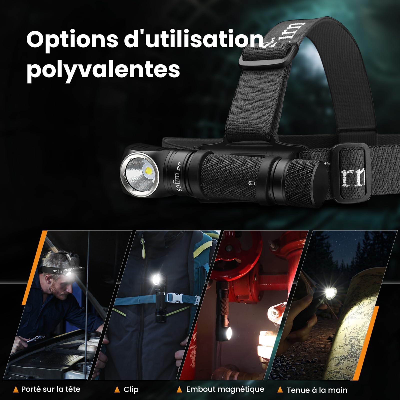 Sofirn SP40 Lampe frontale LED rechargeable, 1200 lumens et 136 m, lampe frontale rechargeable, facile à utiliser, IPX7 résistante à l'eau, pour l'extérieur, le camping et la randonnée