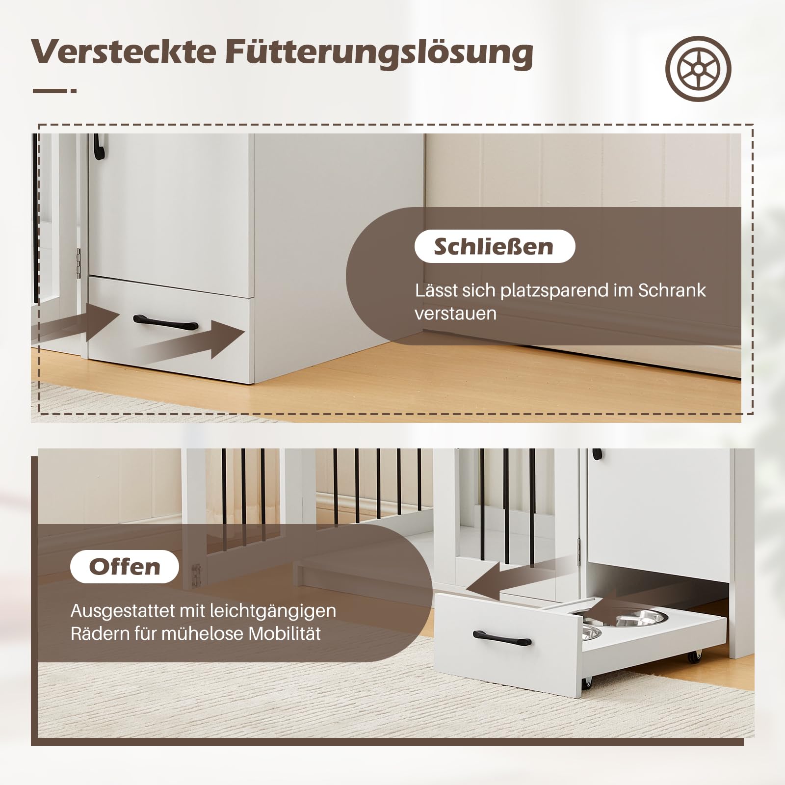 TUKAILAI Hundekäfig Möbel mit Schublade, Futterstation mit Rädern, Robuste Hundebox für kleine, mittelgroße und große, Zuhause Indoor, 116 x 55 x 86 cm