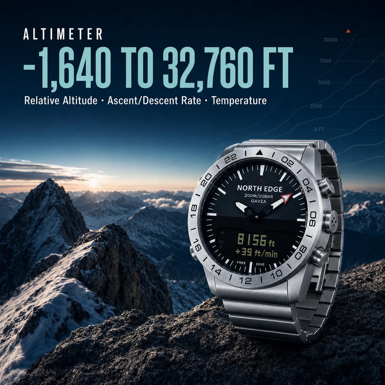 NORTH EDGE GAVIA Reloj de Aviador Relojes Digitales Analógicos de Acero Inoxidable de Lujo para Hombres Altímetro Brújula Deportes al Aire Libre Negocios Reloj Ocio Impermeable 200 m, Plateado