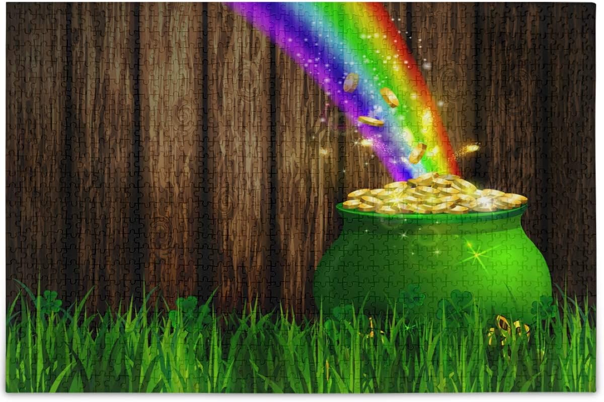 Oarencol St Patrick's Day Shamrock Jigsaw Puzzle 500 Piezas Trébol Maceta Moneda Arco Iris Rompecabezas de Madera para Adultos Niños, Multicolor, 1000 pieces