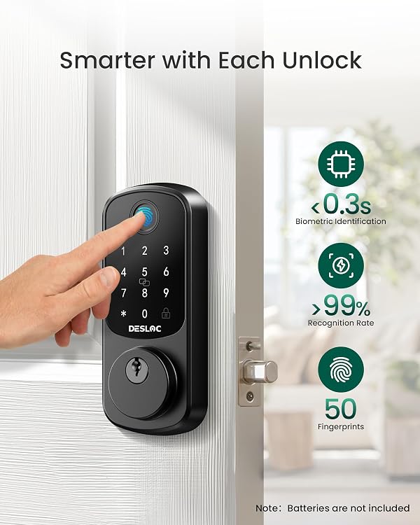 DESLOC Smart Lock B200 WiFi Version, Fingerprint Keyless Entry Door Lock, App Remote Control, Works with Alexa, Front Door Deadbolt, WiFi Smart Lock, Emergency Power Port, 12 Months Battery by DESLOC - Image 4