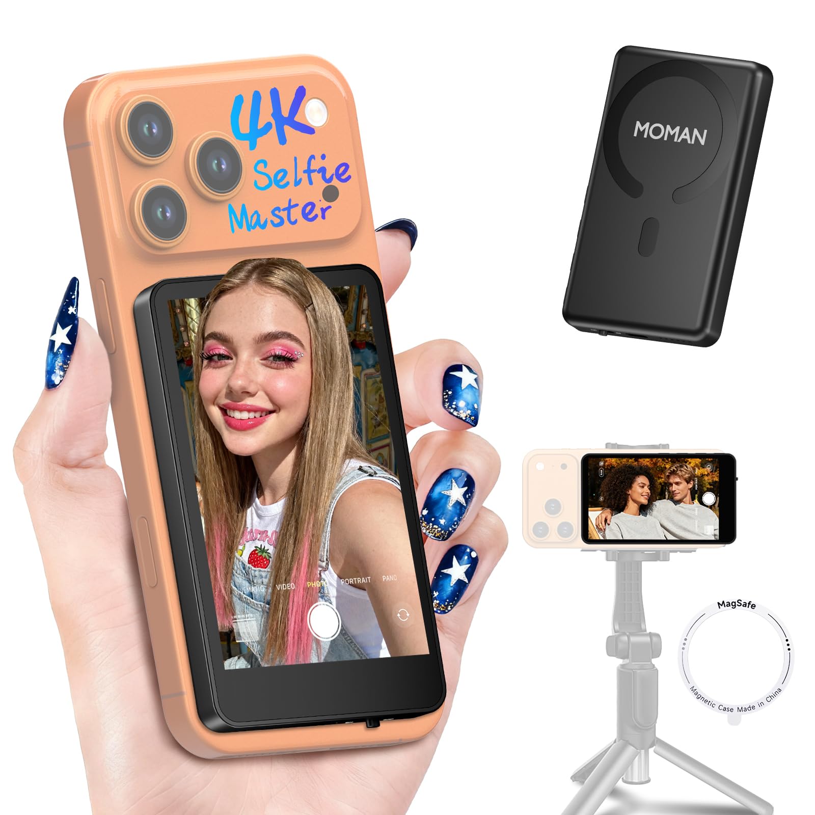 Moman Selfie Monitor Schermo 4K/1080p per Serie iPhone 17 e Android, Monitor Magnetico Wireless 50m Fotocamera Posteriore per Selfie Vlog TikTok Live Streaming - Nero
