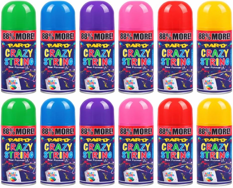 Party Crazy String Spray, Multicolor Streamer Cans for Kids Parties, Graduation, Birthday, Anniversary Celebrations. BULK (PARTY SUPPLY, 24, COUNT)