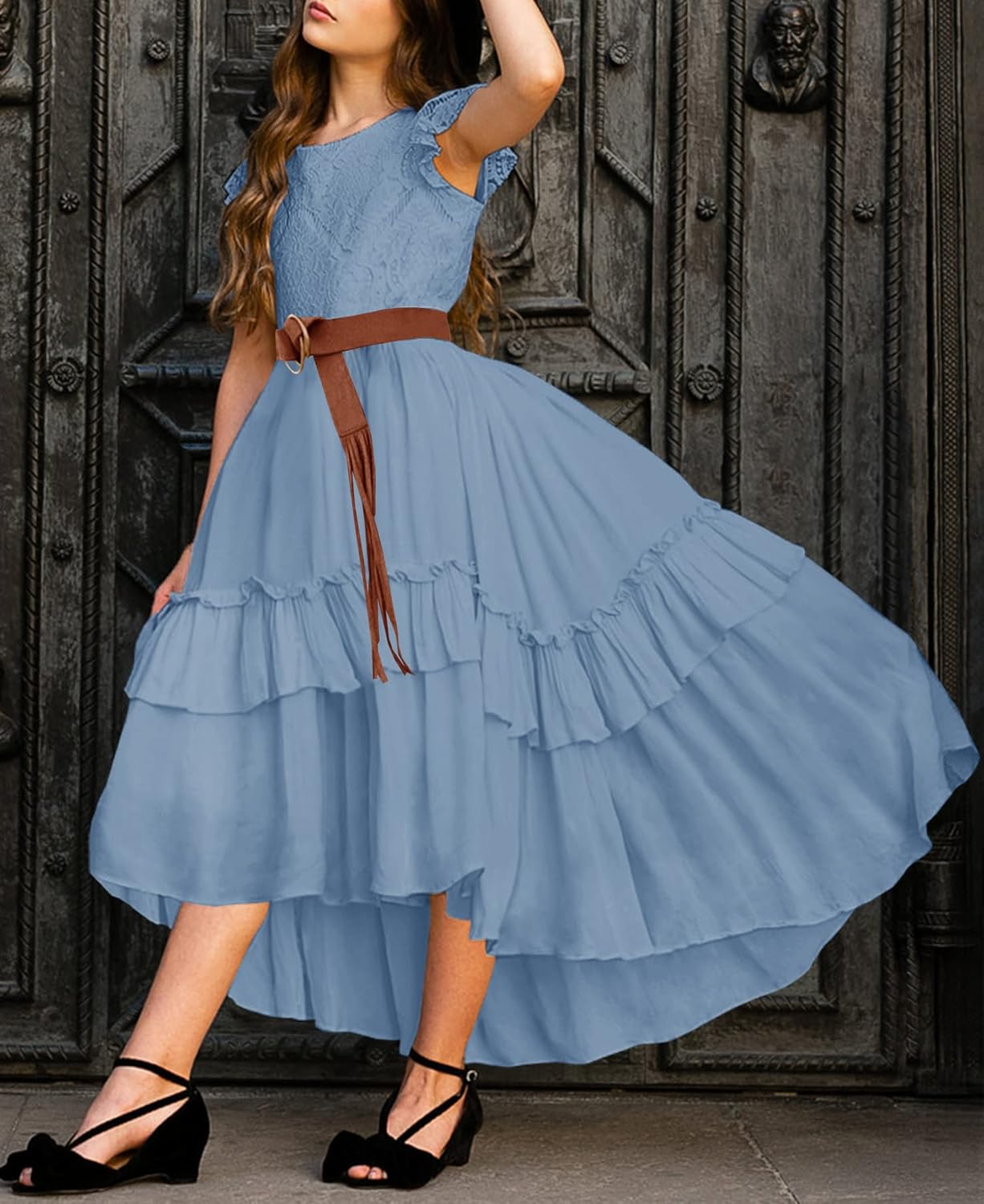 HOSIKA Girls Lace Boho Flower Girl Dress Ruffle Sleeve A-Line Formal Dresses for Wedding Party 6-12 Years - Image 3