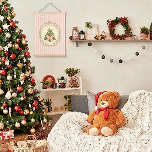 Miniatura 4 de KEUSPI Póster de arte de pared de árbol de Navidad con lazo rosa coquette, decoración de Navidad preparada, lienzo retro a rayas rosas y verdes,