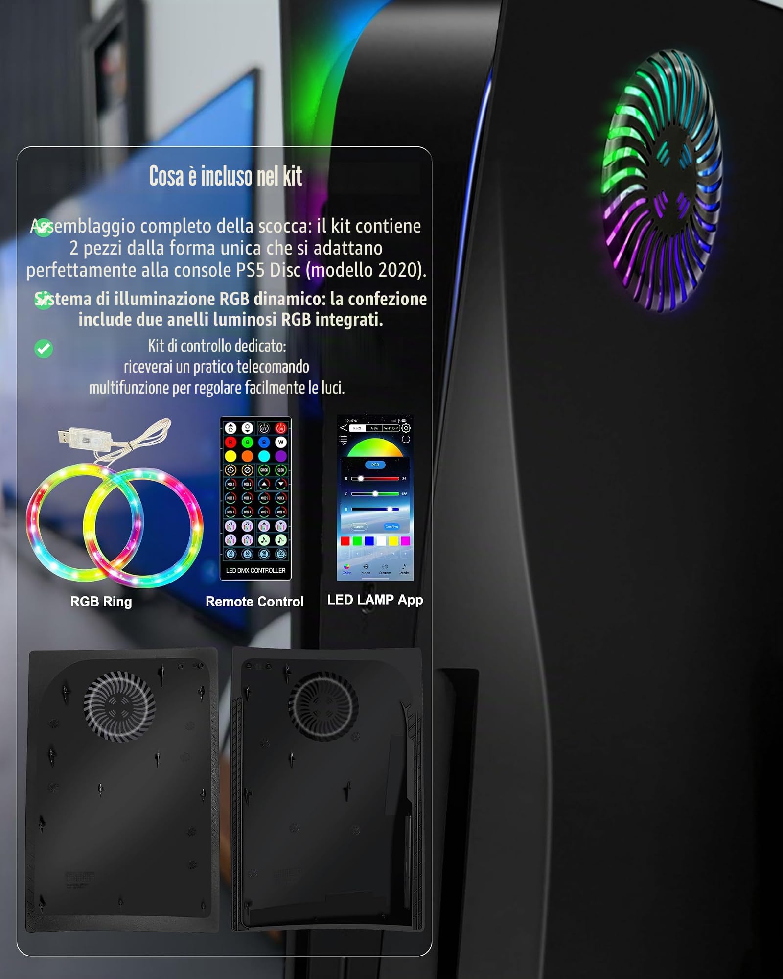 Joso Frontalino per PS5 Disc Edition, Custodia di ricambio antigraffio e antipolvere con anello RGB, Cover Skin Fit per console PS5 (CD-ROM), piastre per accessori PS5 - Disco | 2020