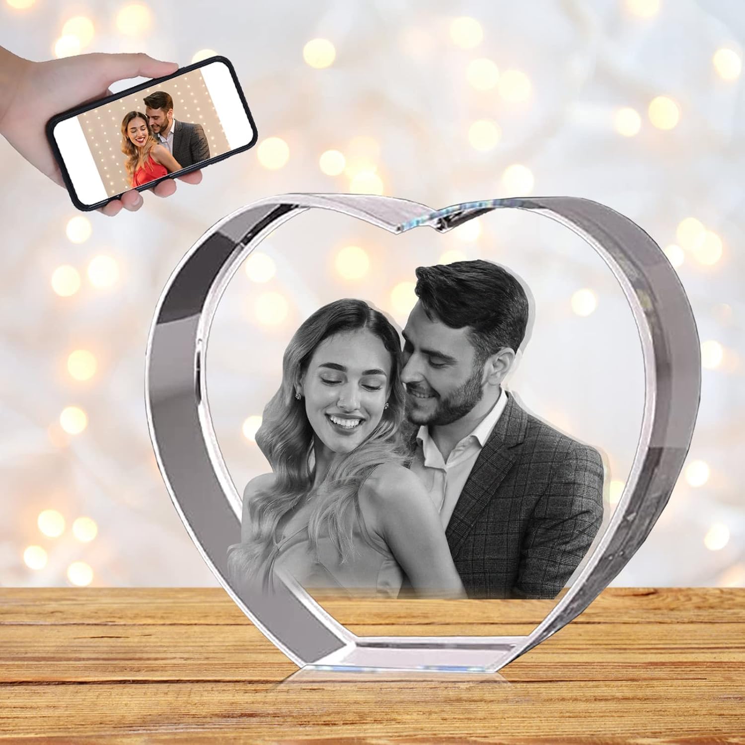 Marco de fotos de cristal 3D grabado personalizado en forma de corazón con tu propia foto regalo para amantes, familia, cumpleaños, boda, Navidad (mediano)