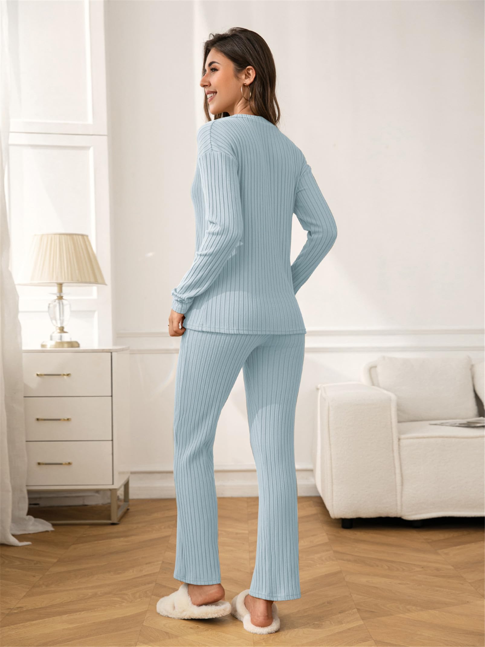 Pigiama Donna 2 Pezzi Canelé Maglia Maniche Lunghe Pantaloni Larghi Tasche | Completo pigiama donna in tessuto canelé morbido e caldo ideale per casa e relax in inverno.