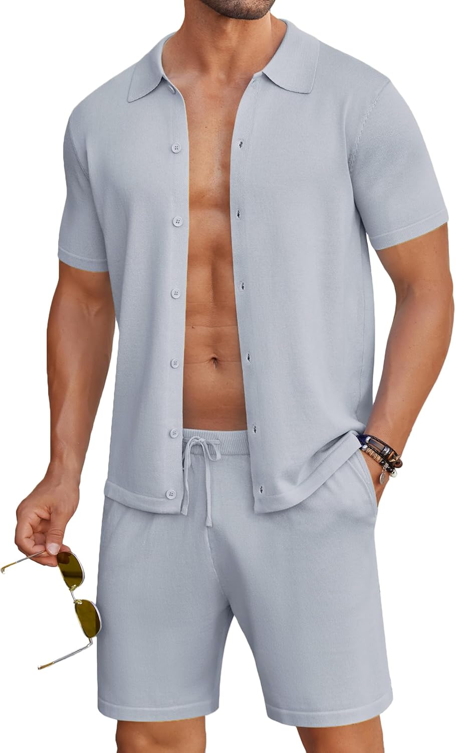 COOFANDY Men’s 2 Piece Outfits Sets Casual Short Sleeve Button Down Knit Shirt and Shorts Sets Summer Beach Outfits