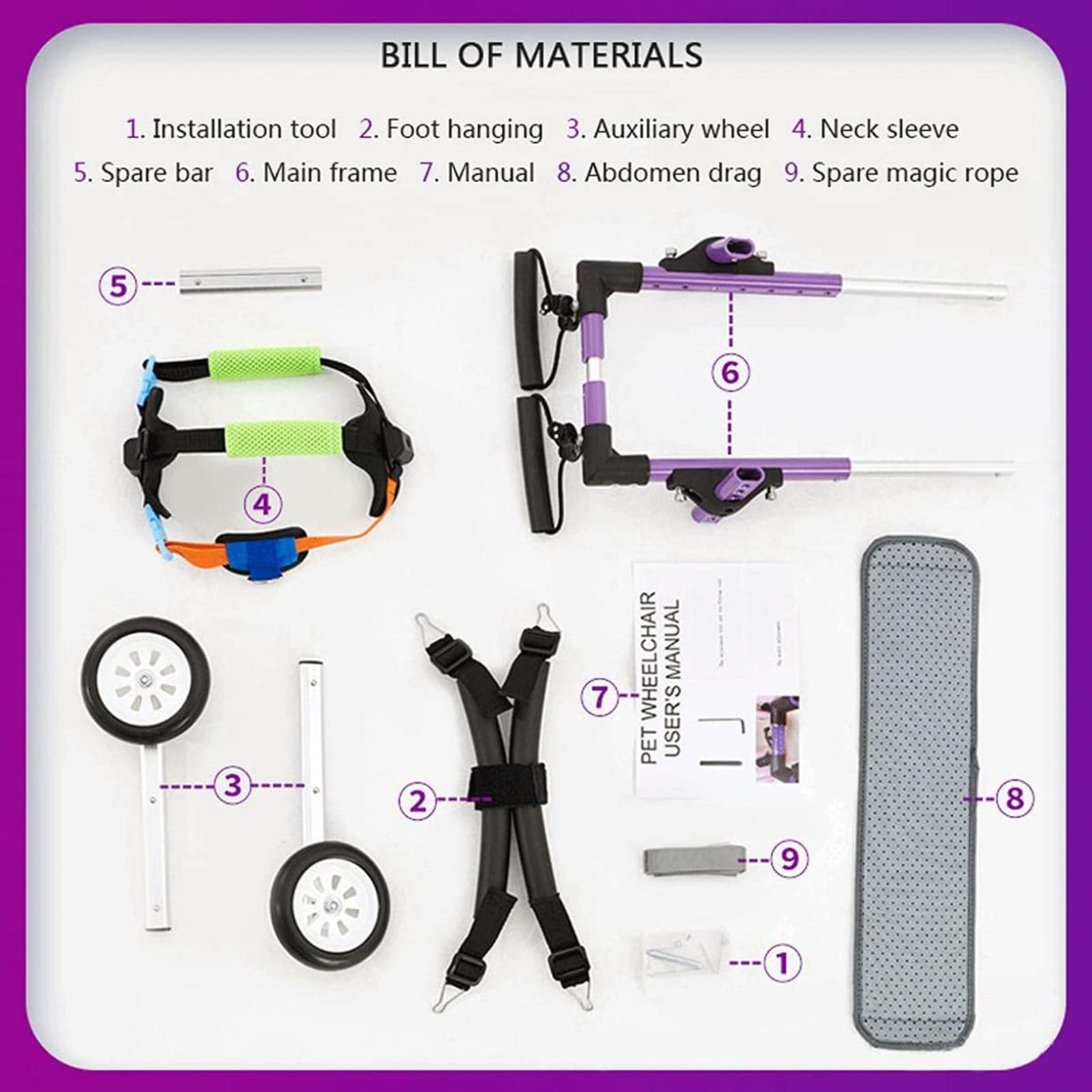 Lila Verstellbarer Hunderollstuhl, Rollstühle mit Gehbehinderten Hinterbeinen, Tierübungsräder, X-Small