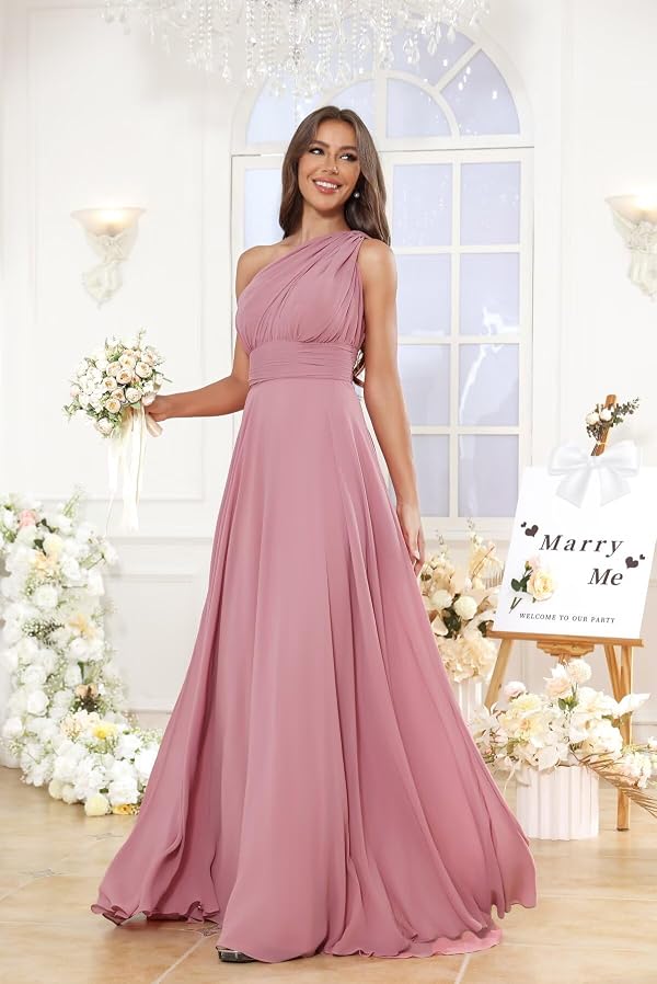 Qgeno One Shoulder Bridesmaid Dresses for Wedding Long Dusty Rose A Line Chiffon Formal Evening Party Gowns 2 by Qgeno - Image 5