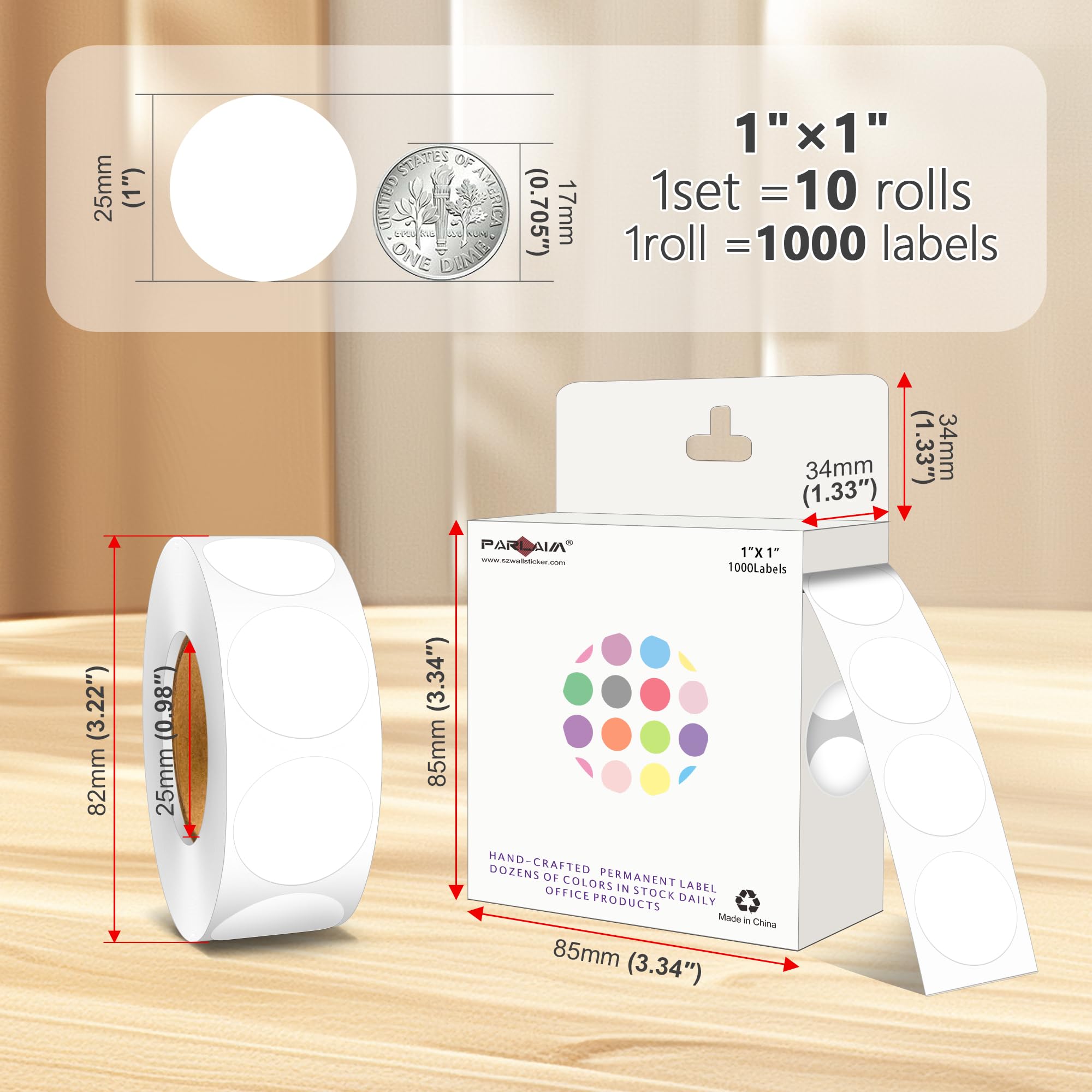 PARLAIM Lot de 10 000 étiquettes autocollantes rondes à pois colorés de 2,5 cm pour bureau, salle de classe, autocollants à pois blancs