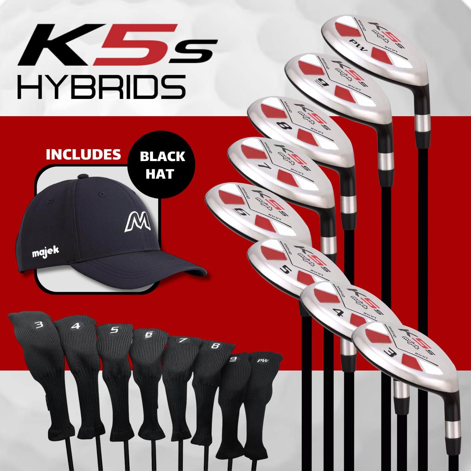 Right Handed Majek K5s Hybrid Set Senior Men's Standard with Jumbo Grips Includes 3-PW Clubs with Black Hybrid Headcovers and Black Majek Golf Hat