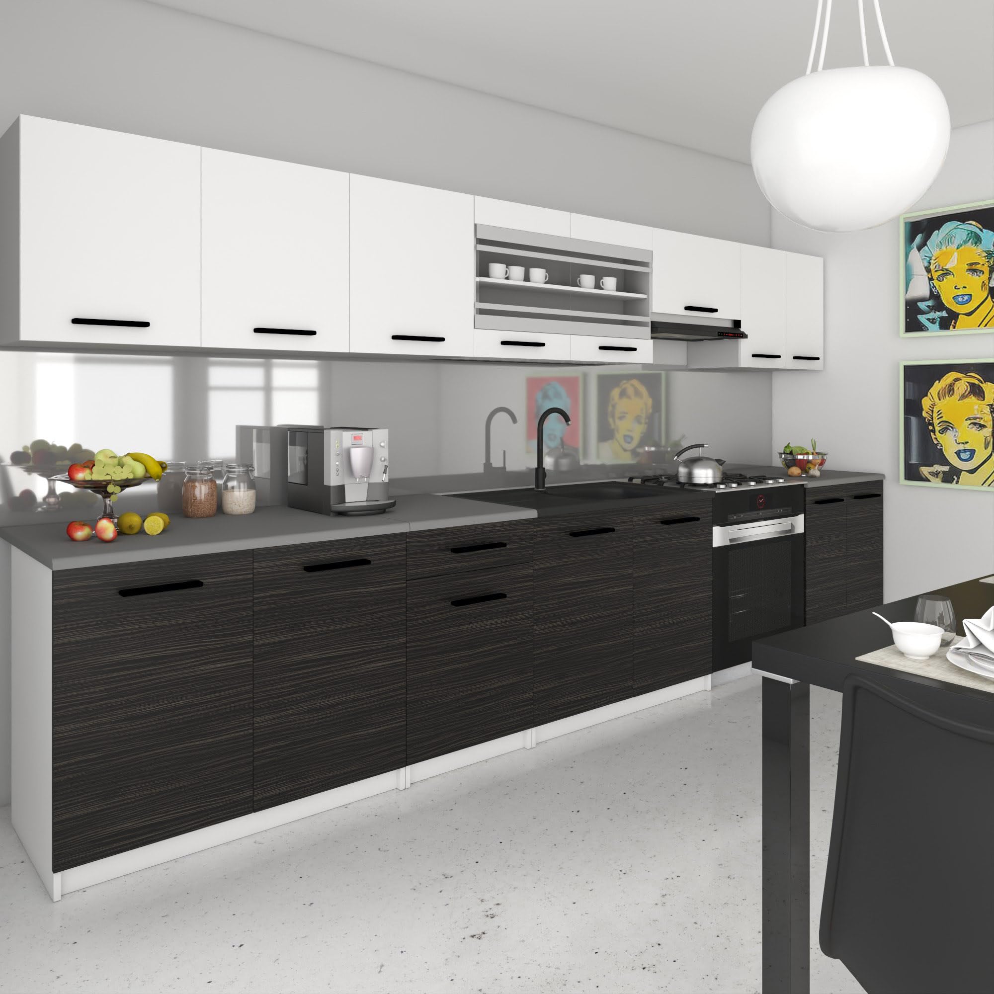Belini Italia 3 Liniowa szafka kuchenna 320cm biało-hebanowa matowa | ECONATURA DECOR Liniowa szafka kuchenna, szafka, bez sprzętu AGD, z blatem roboczym