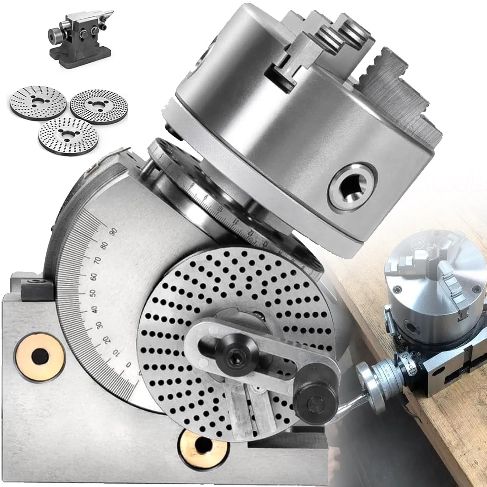 Ensemble fraisage à tête diviseuse 4 po/5 po/6 po avec mandrin à 3 Mors et Contre-Pointe - Comprend mandrins 100 mm, 125 mm, 160 mm pour fraiseuses, rectifieuses perceuses 5in/125mmchuck
