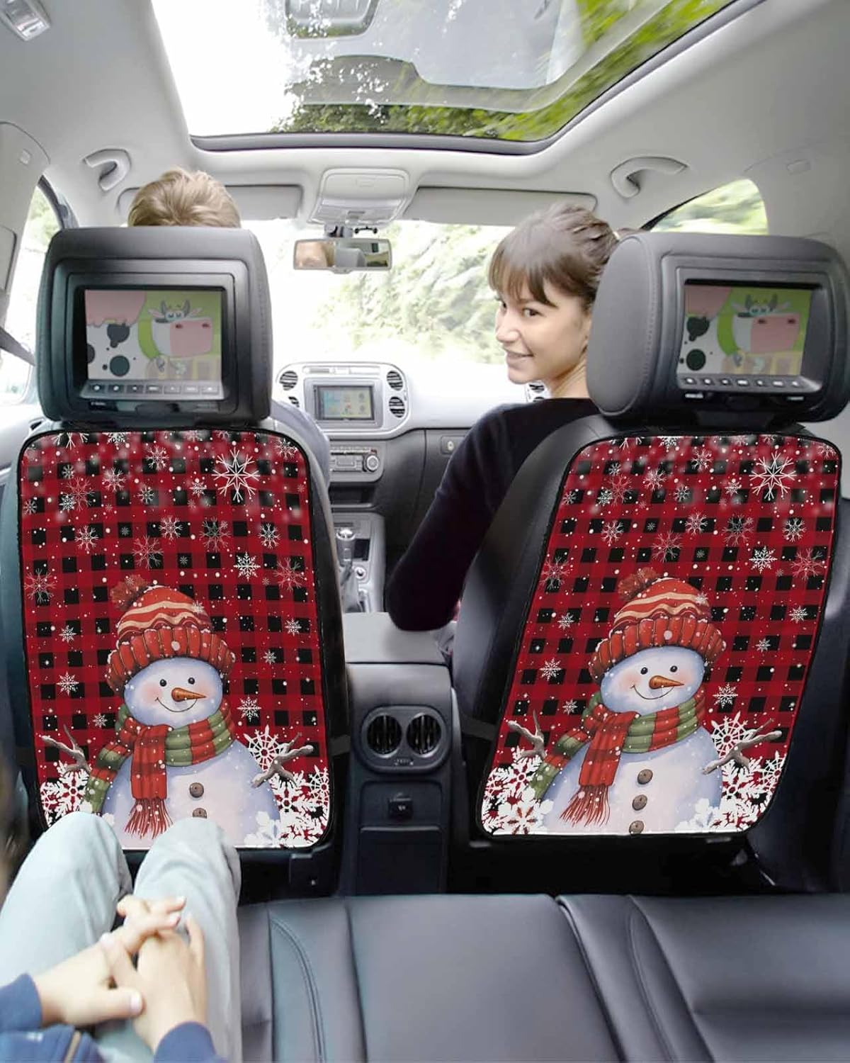 Car Seat Protector, 2 Pack Kick Mats Back Seat Protector Christmas Snowman Xmas Tree Black and Red Buffalo Plaid Waterproof Backseat Cover for Kids Universal Fit Automotive Interior Protectors