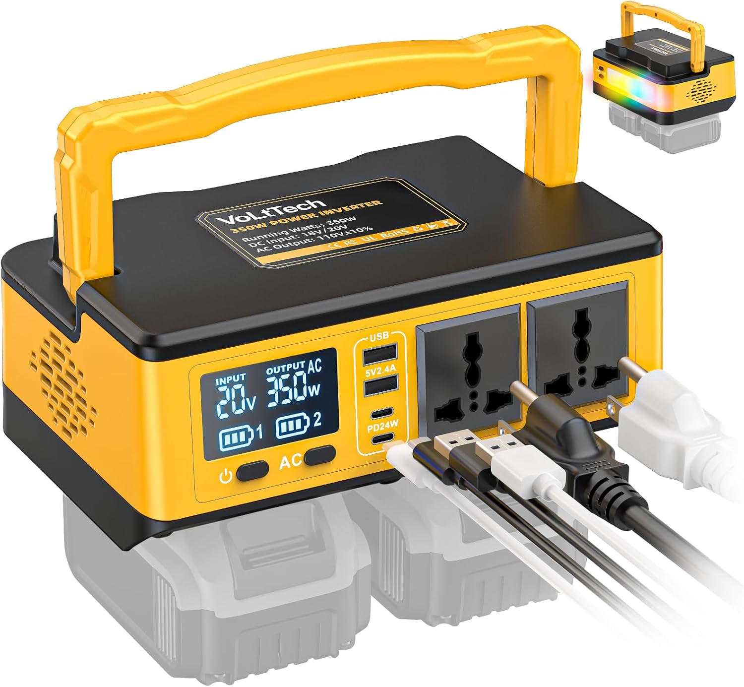 350w power inverter compatible with dewalt: volttech portable battery adapter phone charger dc 20v to ac 110-120v camping essentials with 2 usb-a & 2 type-c & 2 ac & 7 colors rgb light (no battery) 1pc 350w for dewalt 20v battery