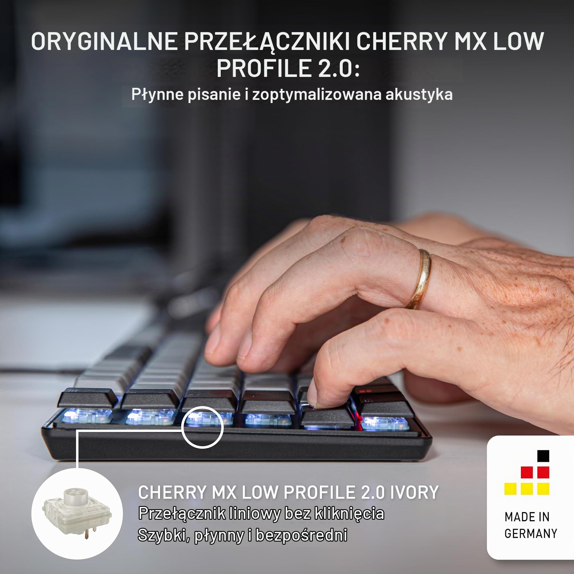 CHERRY KC 500 MX LP, Mechaniczna Klawiatura Niskoprofilowa, Układ Niemiecki (QWERTZ), Przewodowa (USB-A), Podświetlana, Przełączniki MX LP 2.0 IVORY, Czarny