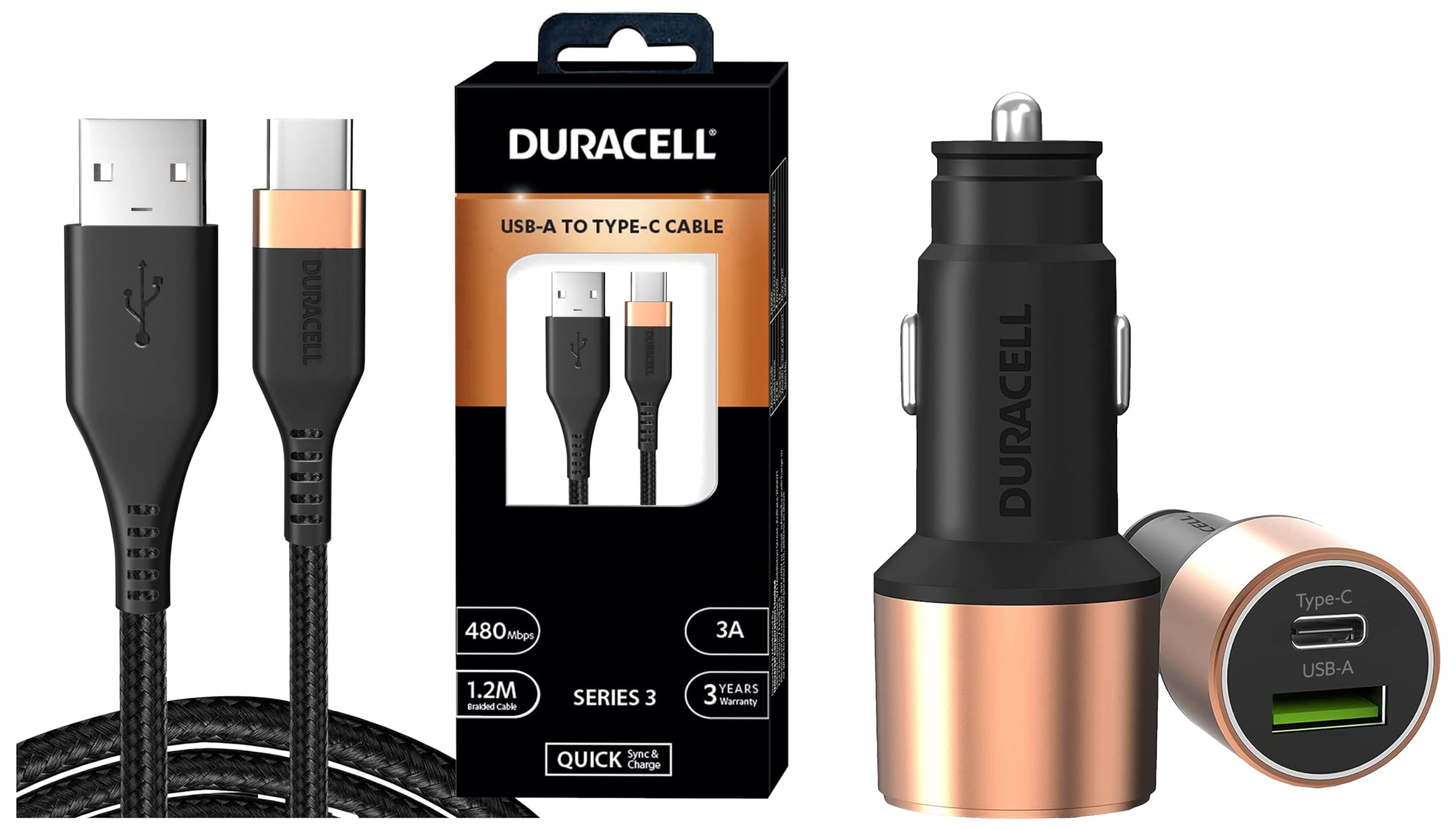 Duracell Car Charger 65 W with Series 3 - A to C Cable - Tablets Smartwatches, Black-image-47