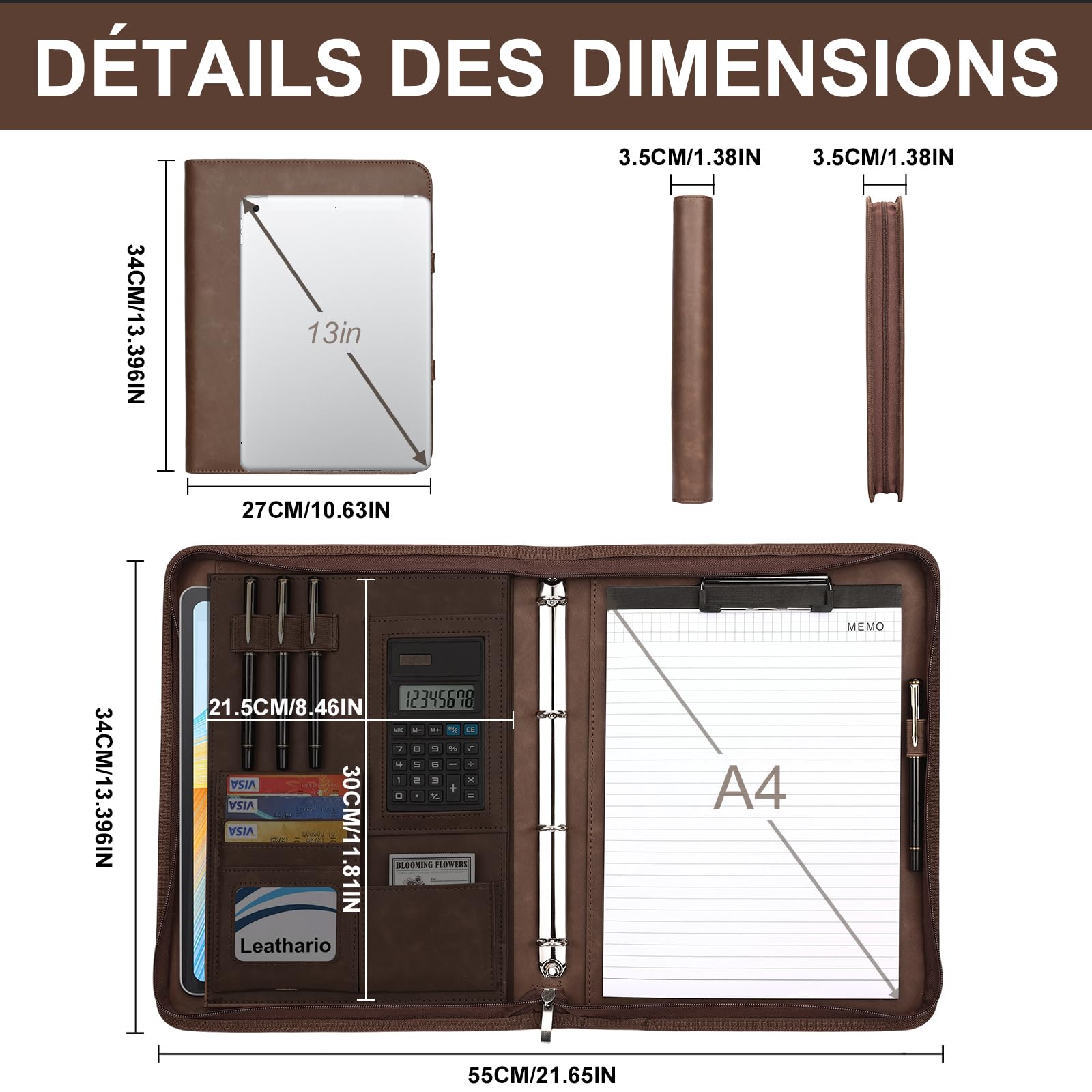 Leathario Porte Documents A4 avec Calculatrice, Portfolio avec Poignées Magnétiques en Simili Cuir, Organiseur de Conférences 4 Reliures à Anneaux, 10 Feuilles Classeuses Souples Offertes et 1 Stylo