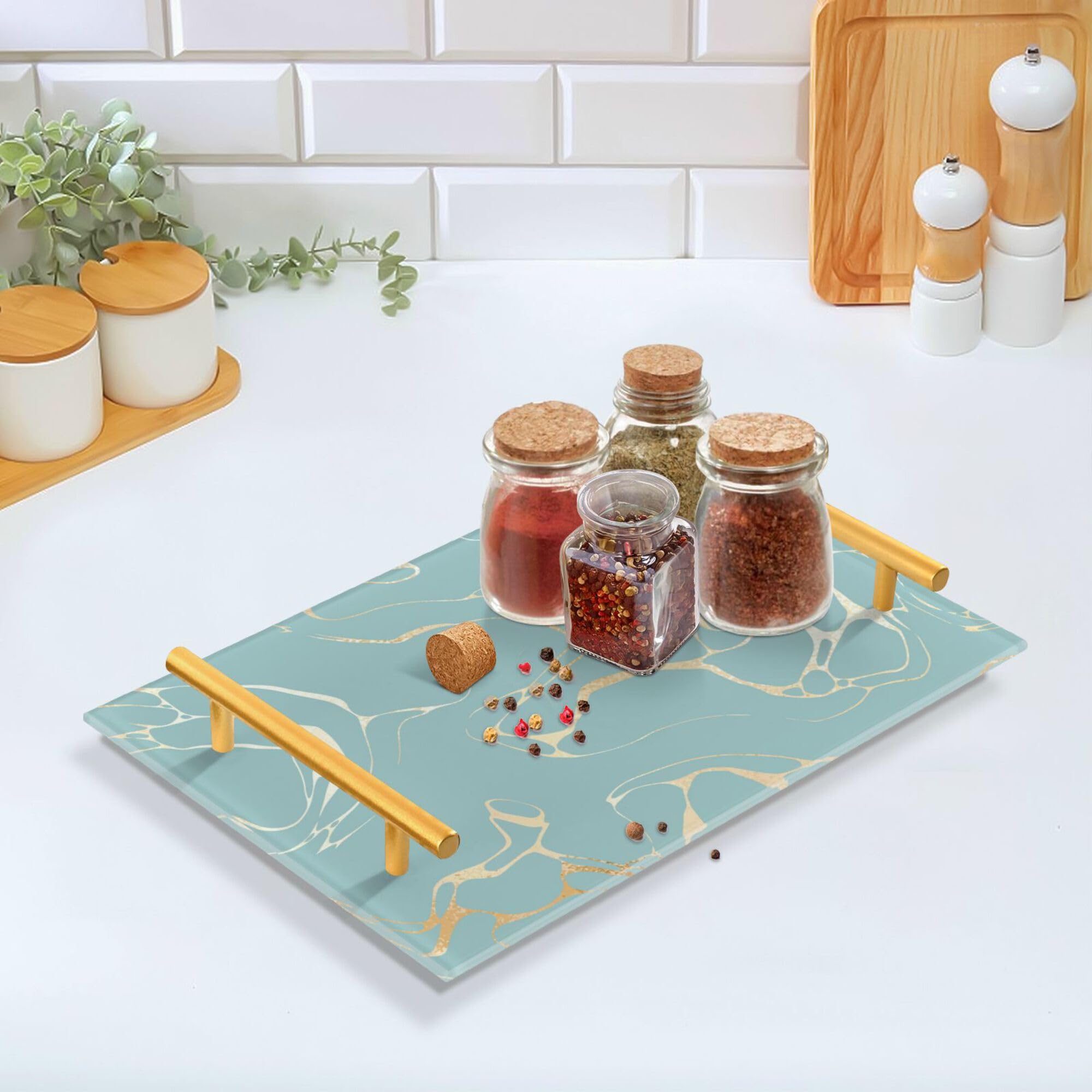 Turkusowa marmurowa taca z uchwytami - Lar taca do serwowania na zewnątrz na kanapę biżuteria perfumy i kolacja - Slish Home Decor Accessory