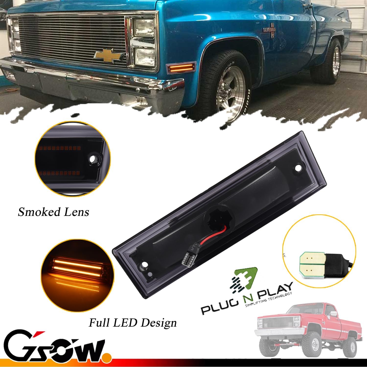 2 PCS [Upgraded] Amber LED Side Marker Light for 1981-1991 Chevy C10 C20 C30 GMC C1500 C2500 Suburban Blazer Jimmy, Smoked Lens Front Turn Signal Indicator, Side Fender Sidemarker Lamps