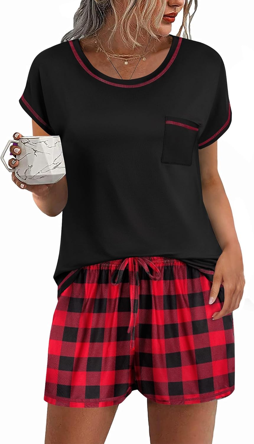 Ekouaer Pajama Set for Women Short Sleeve Tops and Shorts Set 2 Piece Pjs Classic Loungewear with Pockets