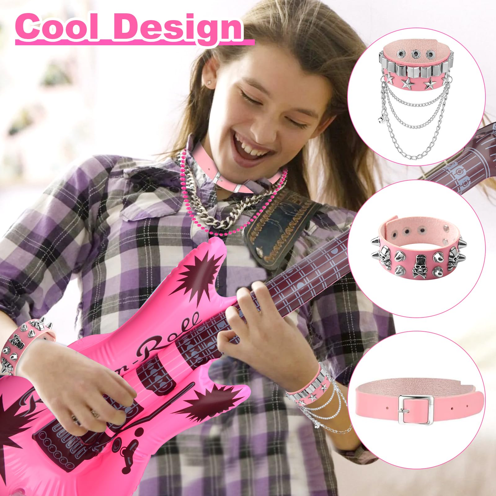 10PCS Rockstar Fancy Dress for Kids Rocker Costume Set Punk Rockstar Accessories Gothic Rocker Costumes Set Rock Heavy Metal Accessories Rockstars Costume for Women Men Halloween 80s Disco Party - Image 4