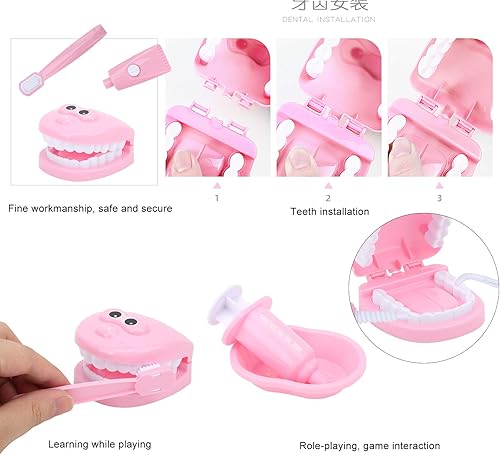 Miniatura 3 de Juego de dientes de juguete, juego de simulación de dentista a cuadros para niños y niñas (rosa)